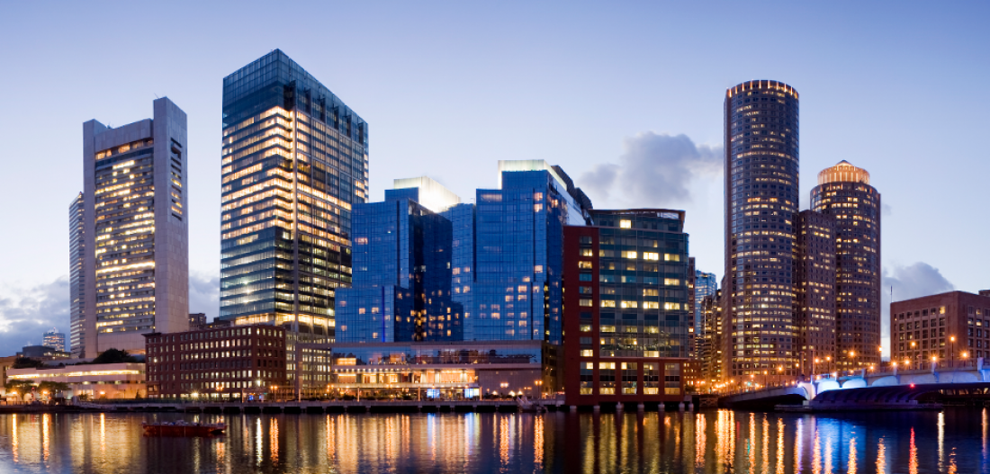 The Boston skyline at dusk.